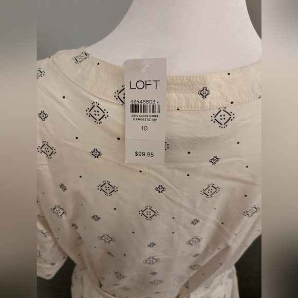 Loft - Puff Sleeve Midi Dress - Cream with Black Geometric Pattern - Size 10 - Picture 3 of 3